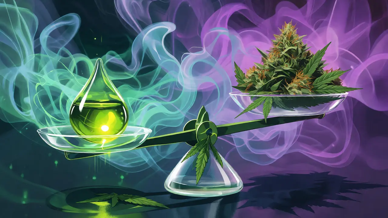 Konceptuální ilustrace vah porovnávající sílu kapky THCP s tradičním konopím.