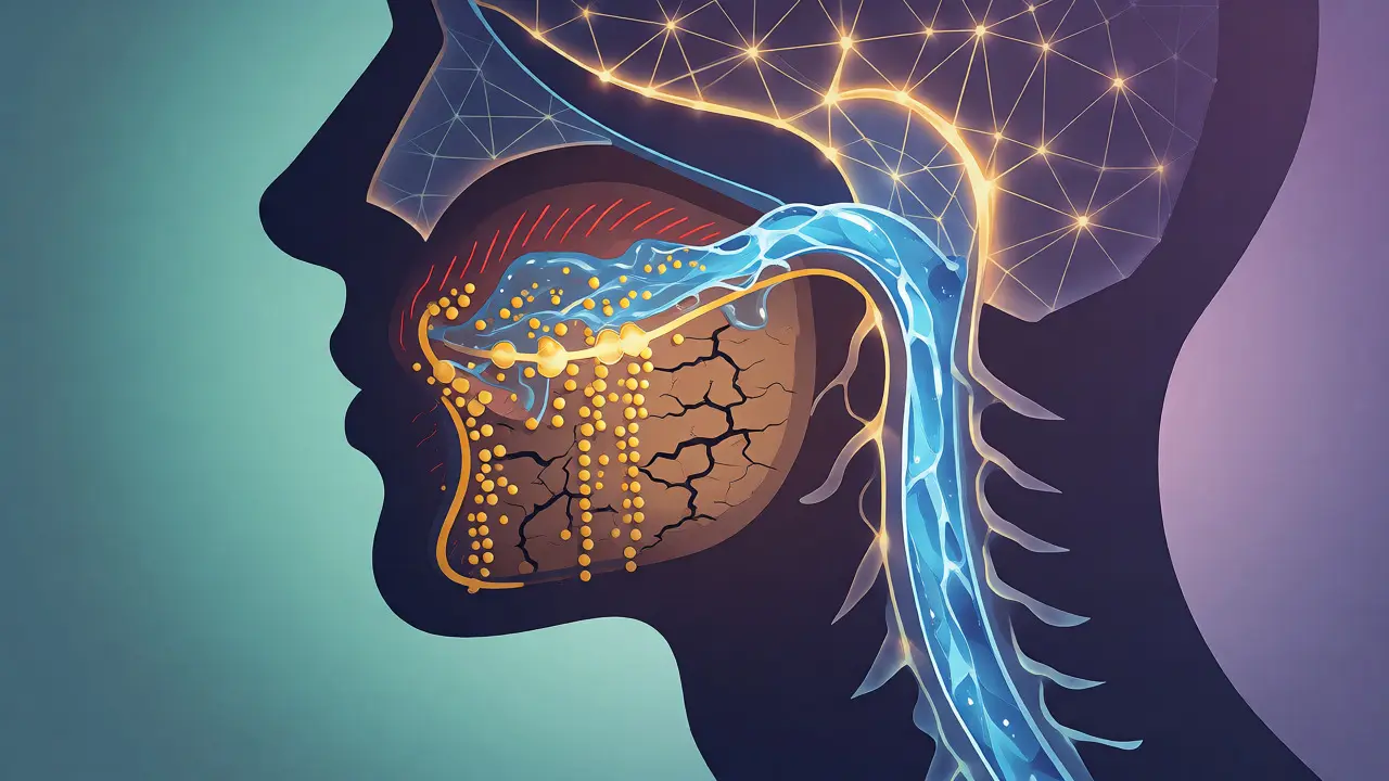 Konceptuální ilustrace vlivu hydratace na endokanabinoidní systém a sucho v ústech.