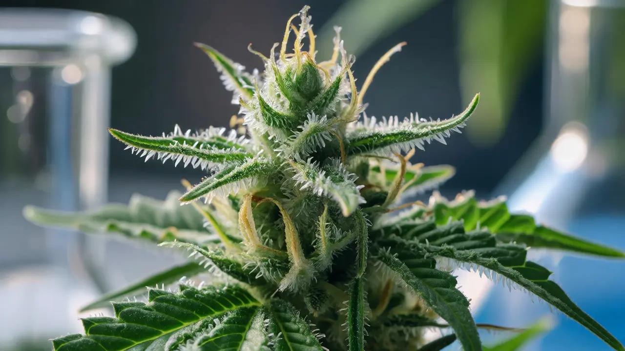 Makro detail trichomů na konopném květu s laboratorním pozadím