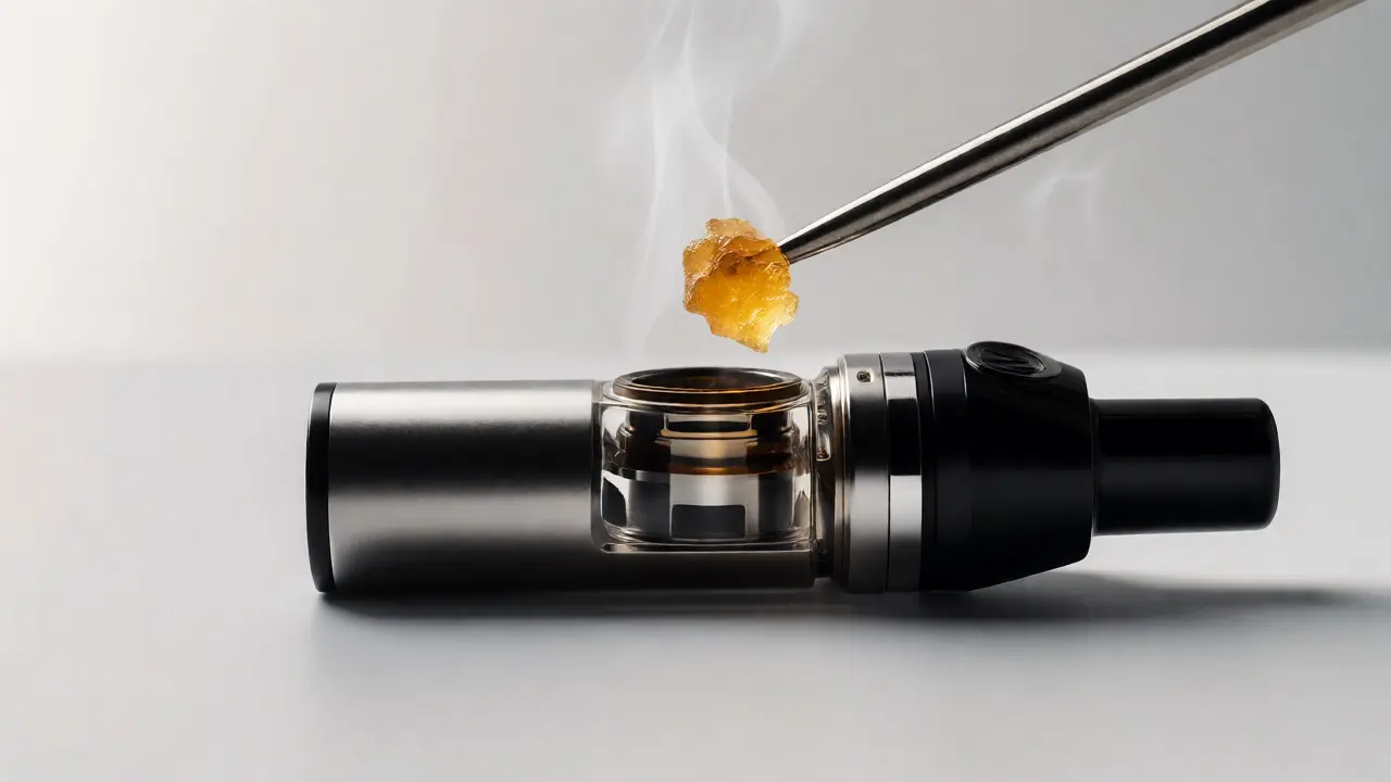 Moderní vaporizér s malým množstvím zlatého CBD shatteru.