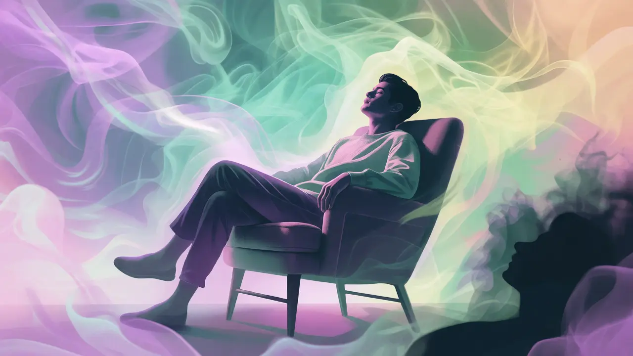 Person relaxing in an armchair surrounded by calming pastel mists.