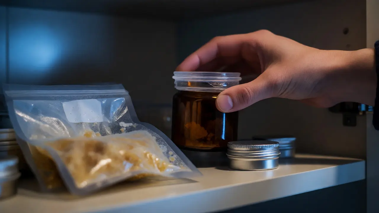 Ruka ukládající uzavřenou hnědou sklenici s krystaly do chladné temné skříně.