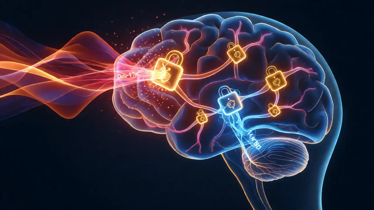 Stylized brain visualization showing strong binding of THC versus gentle interaction of H4CBD on receptors.