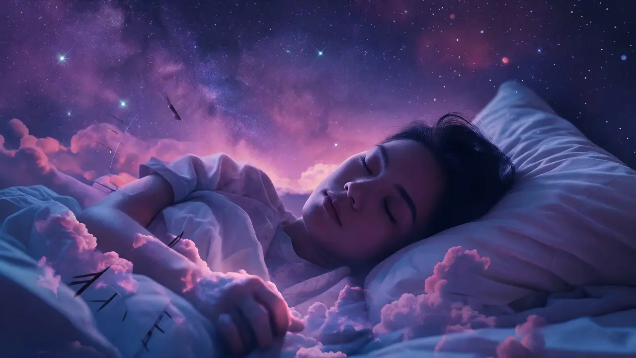 Surrealistický obraz spící osoby propojený s noční oblohou symbolizující dlouhodobou relaxaci.